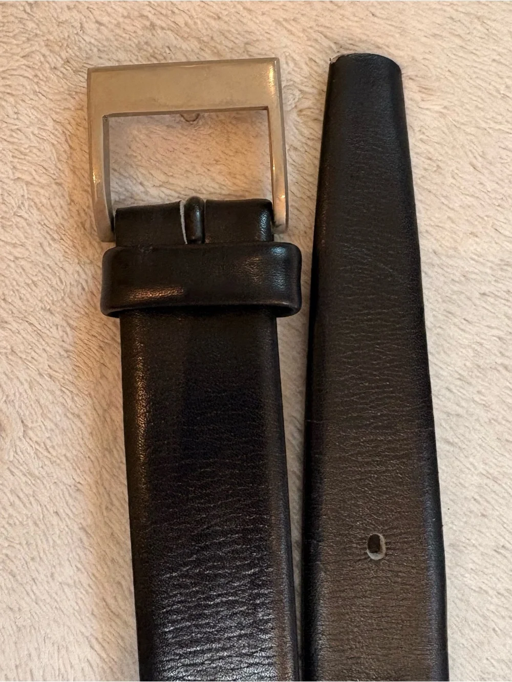Men's Slim Black French Leather Belt Rectangular Silver Buckle Sz 44